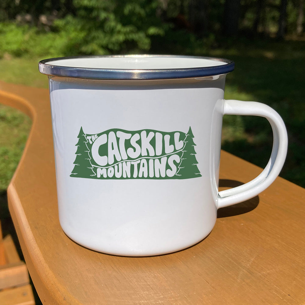 Catskill Mountains Camp Mug - Groovy Hand Lettering Illustration Style - 12 oz. Stainless Steel Enamel Mug