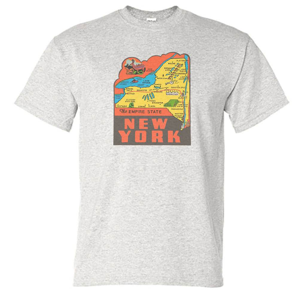 New York State Map Tee Shirt - Vintage Illustration Style - Travel Decal Repro Design