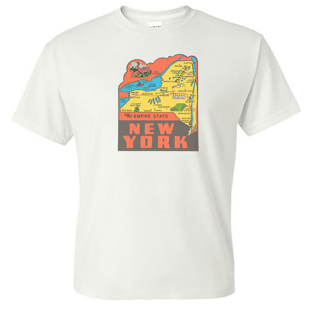 New York State Map Tee Shirt - Vintage Illustration Style - Travel Decal Repro Design