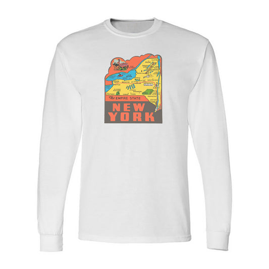 New York State Map Graphic Long Sleeve Tee Shirt - Vintage Illustration Style - Travel Decal Repro Design