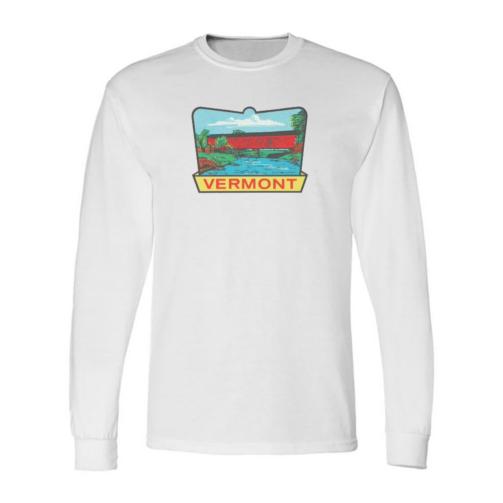 Vermont Long Sleeve Tee Shirt - Covered Bridge Graphic - Travel Decal Repro